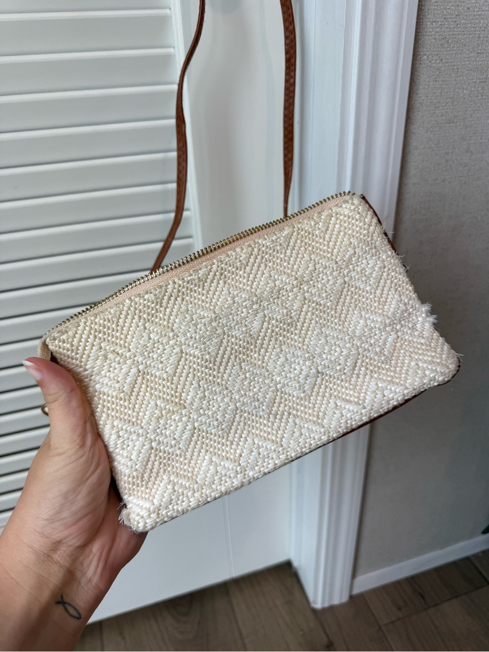 Woven Cream Shoulder Crossbody with Brown Strap